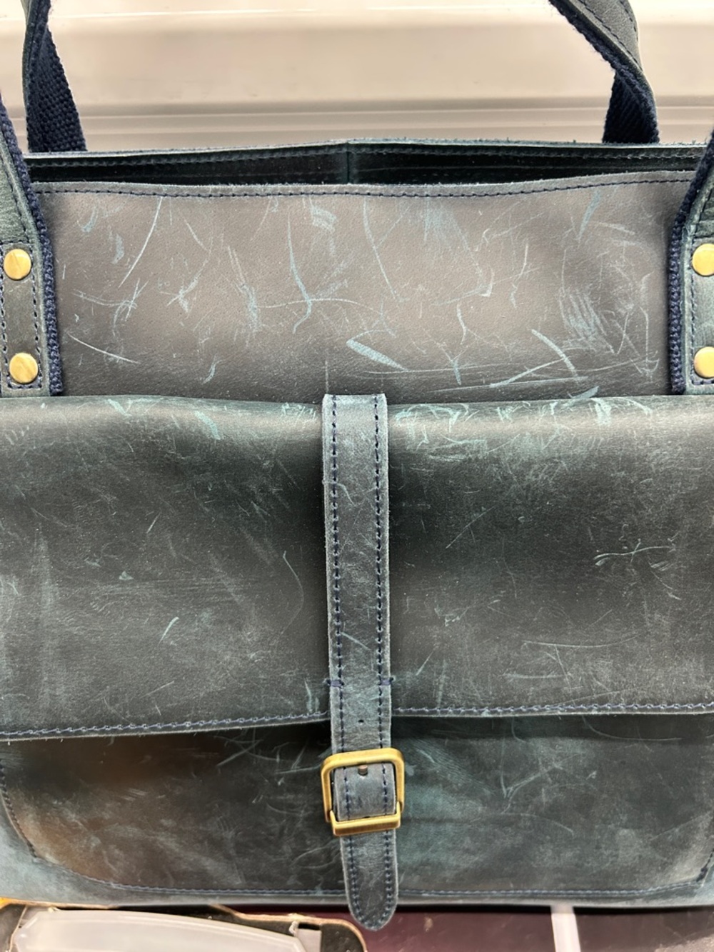 Distressed Genuine Leather Structured Tote in Teal Blue - Everyday Shoulder Bag - Picture 3 of 6